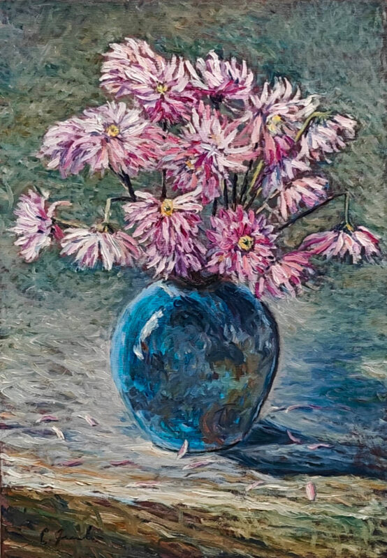 “Dalie nel vaso blu” – Olio su tela 50x35 – anno 2024